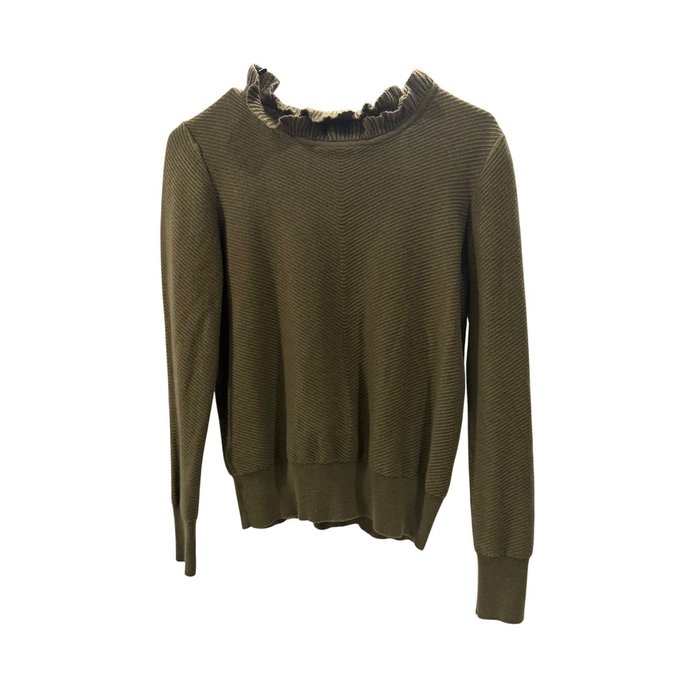J.Crew Olive Green Ruffle Mock Neck Chevron Ribbed Merino Wool Blend Sweater S